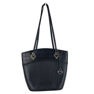 Vtg Brighton Black Leather Bucket Breaded Double Strap Purse